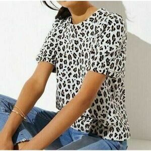 Loft Womens Leopard Animal Print Knit Puff Sleeve Stretch Top Size Large Petite